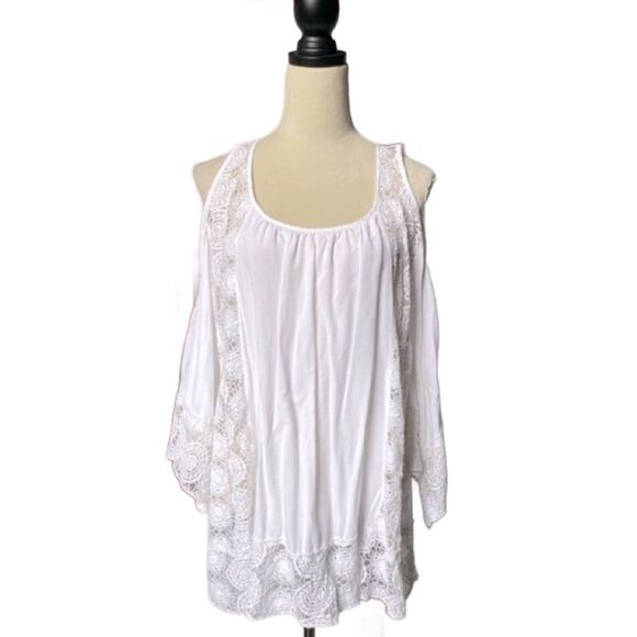 3/$20 Solitaire Swim White Swimsuit Cover-Up w/Sheer Lace & Bell Sleeves (LG) - Picture 1 of 15